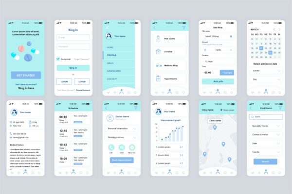 网上医生咨询类好医生医生预约APP应用设计套件 Medicine Mobile App UI Kit