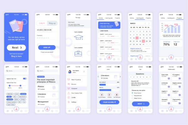 网络教育主题APP应用开发设计Ui Kits素材套件 Education Mobile App UI Kit