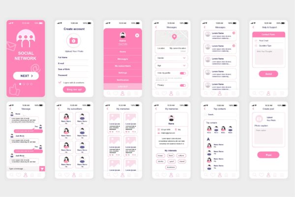 社交媒体网上交友APP应用开发设计Ui Kits素材套件 Social Network Mobile App UI Kit