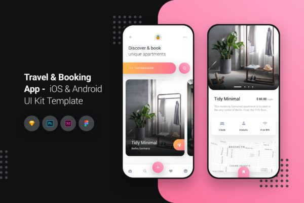 旅游酒店民宿预订iOS&Android手机APP应用UI设计套件 Travel & Booking App iOS & Android UI Kit Template