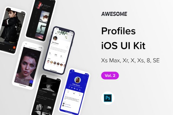 iOS平台职场社交APP应用个人中心界面设计Ui Kits素材套件PSD模板v2 Awesome iOS UI Kit – Profiles Vol. 2 (Photoshop)