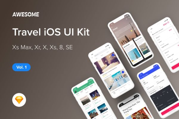 旅游门户APP应用UI设计套件SKETCH设计素材v1 Awesome iOS UI Kit – Travel Vol. 1 (Sketch)