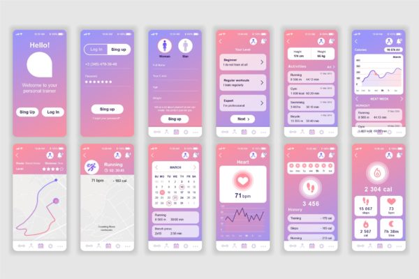 健身计划APP应用界面设计Ui Kits素材套件 Fitness Mobile App UX and UI Kit