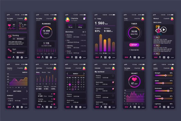 健身APP应用用户交互界面UI设计套件 Fitness Mobile App UX and UI Kit