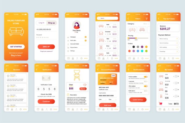 家具网上商城APP应用界面设计Ui Kits素材套件 Shopping Mobile App UI Kit