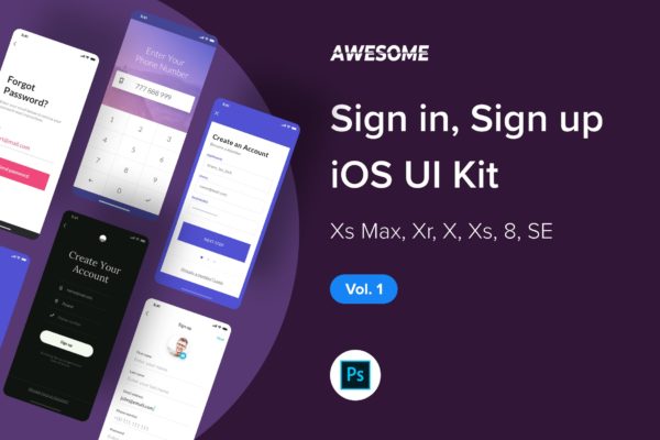 iOS应用APP注册登录交互界面设计Ui Kits素材套件PSD模板v1 Awesome iOS UI Kit – Sign in, Sign up Vol. 1 (PSD)