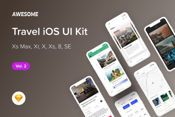 旅游门户APP应用UI设计套件SKETCH设计素材v2 Awesome iOS UI Kit – Travel Vol. 2 (Sketch)