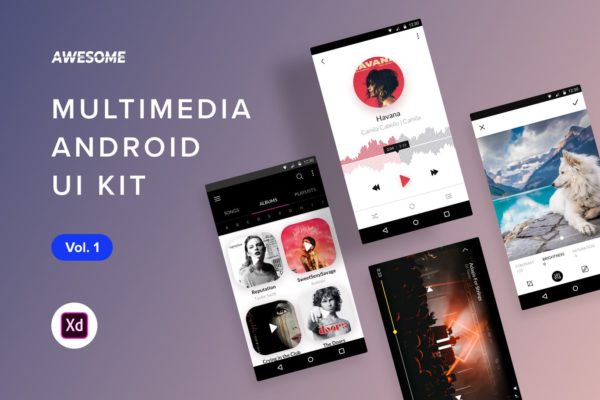 安卓平台在线听歌APP应用用户交互界面设计XD模板v1 Android UI Kit – Multimedia Vol. 1 (Adobe XD)