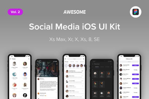 iOS平台社交类APP应用交互界面设计Ui Kits素材套件Figma模板v2 Awesome iOS UI Kit – Social Media Vol. 2 (Figma)