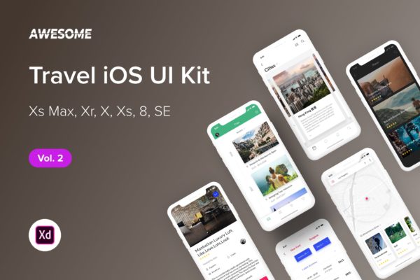 iOS平台旅游类APP应用设计Ui Kits素材套件XD模板v2 Awesome iOS UI Kit – Travel Vol. 2 (Adobe XD)