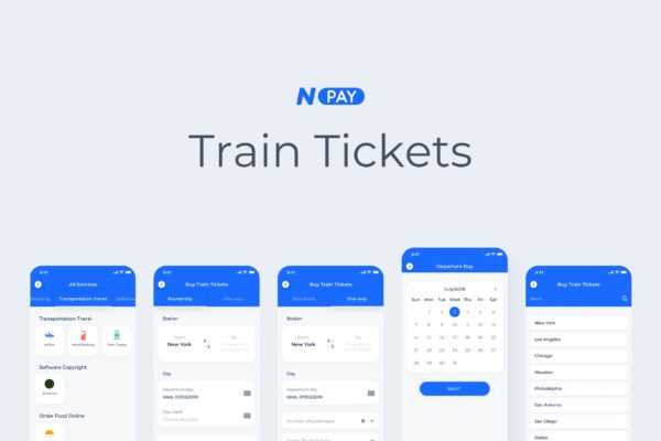 电子钱包APP应用UI设计之火车高铁订票界面设计模板素材 Train Tickets – Wallet Mobile UI – N