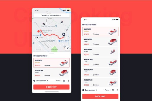 网约车APP应用UI设计之可预约汽车列表界面设计模板素材 Car Booking UI mobile concept – Car listing