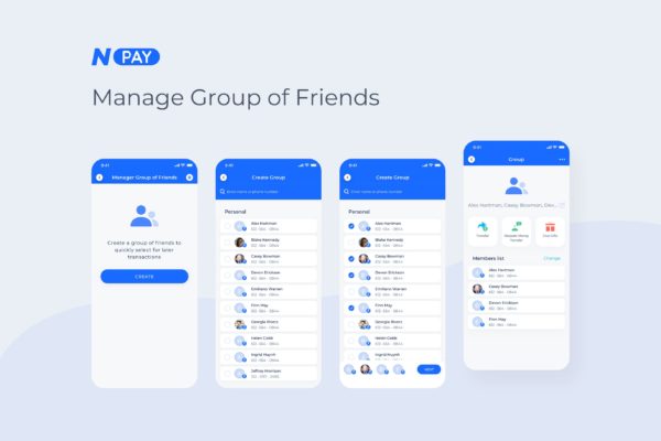 电子钱包APP应用UI设计之好友分组管理界面设计模板素材 Manager Group of Friends – Wallet Mobile UI – N