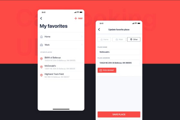 网约车APP应用UI设计之我的收藏界面设计模板素材 Car Booking UI mobile concept – My Favorites