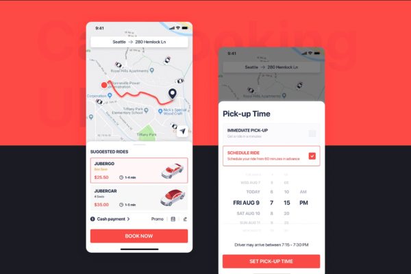 网约车APP应用UI设计之出行时间设置界面设计模板素材 Car Booking UI mobile concept – Pick-up Time