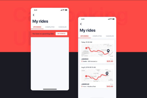 网约车APP应用UI设计之我的行程界面设计模板素材 Car Booking UI mobile concept – My Rides