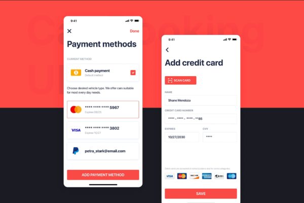 网约车APP应用UI设计之支付工具选择界面设计模板素材 Car Booking UI mobile concept – Payment method