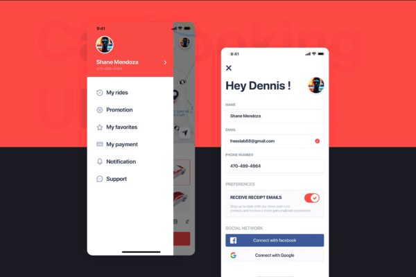 网约车APP应用UI设计之菜单&用户界面设计模板素材 Car Booking UI mobile concept – Menu & Profile