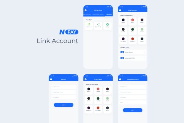 电子钱包APP应用UI设计之银行卡绑定管理界面设计模板素材 Link Account – Wallet Mobile UI – N