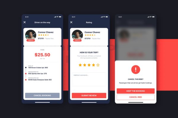 网约车APP应用UI设计之订单评价界面设计模板素材 Car Booking UI mobile concept – Rating your ride