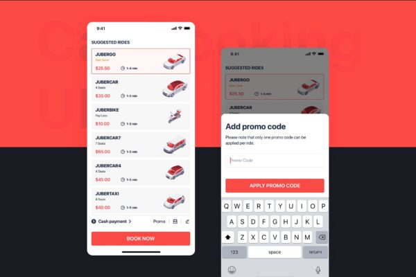 网约车APP应用UI设计之优惠券使用界面设计模板素材 Car Booking UI mobile concept – Add promo code