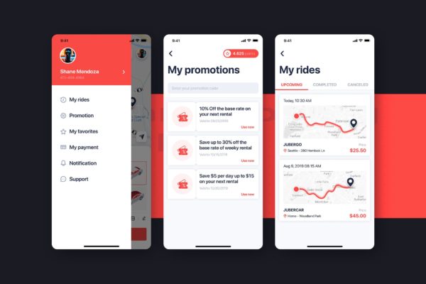 网约车APP应用UI设计之约车列表界面设计模板素材 Car Booking UI mobile concept – My Rides
