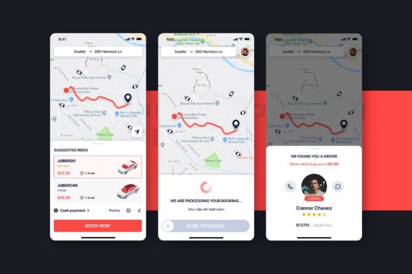 网约车APP应用UI设计之司机信息界面设计模板素材 Car Booking UI mobile concept – Driver Details