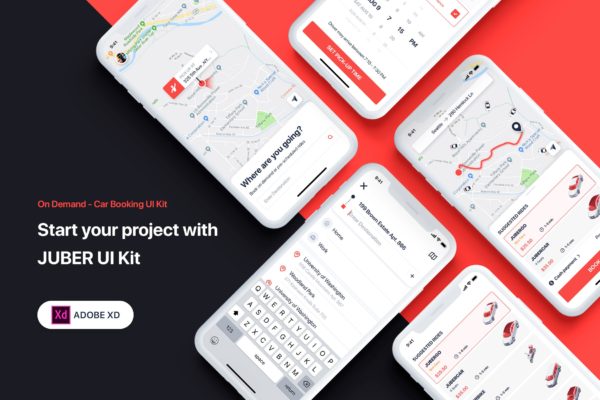 打车APP应用Ui Kits素材套件XD模板 Car booking UI Kit for ADOBE XD