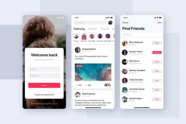 社交网站APP应用UI设计模板素材 Social mobile app UI template