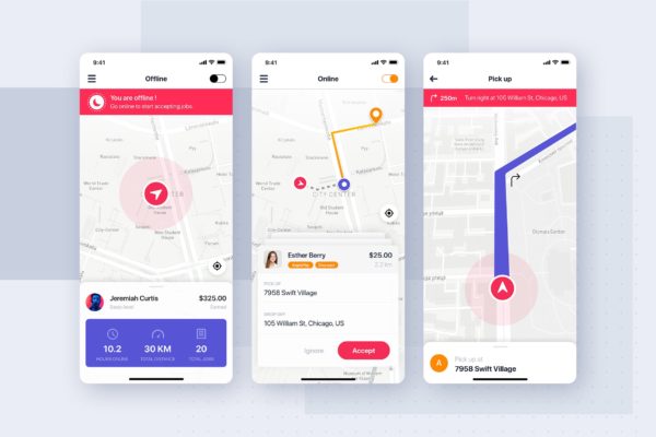 网约车顺风车APP应用概念UI设计模板素材 Taxi Driver UI Concept for mobile app