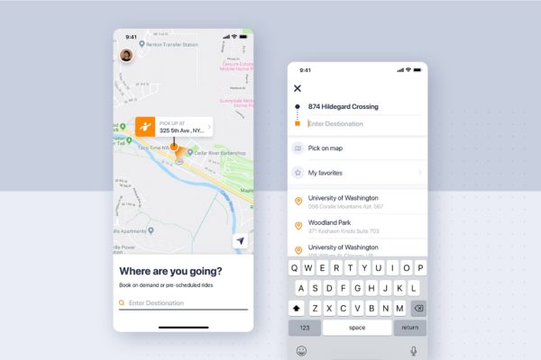类滴滴打车APP应用预约界面设计模板素材 Car rental mobile UI Kit – Home booking