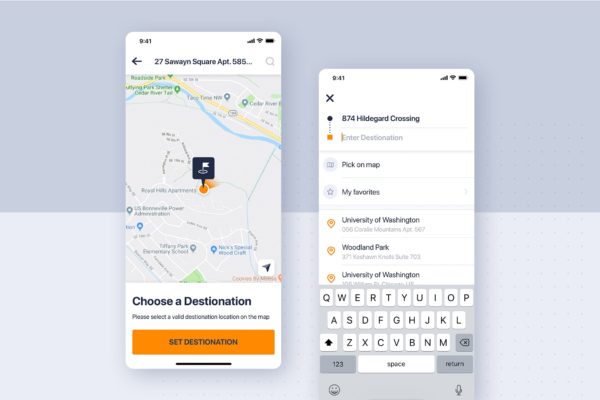 类滴滴打车APP应用地图目的地界面设计模板素材 Car rental mobile UI Kit – Destination on map