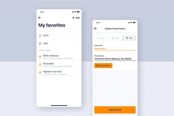 类滴滴打车APP应用常用地址收藏界面设计模板素材 Car rental mobile UI Kit – Update Favorites place