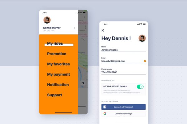 类滴滴打车APP应用用户中心及菜单界面设计模板素材 Car rental mobile UI Kit – My profile & menu