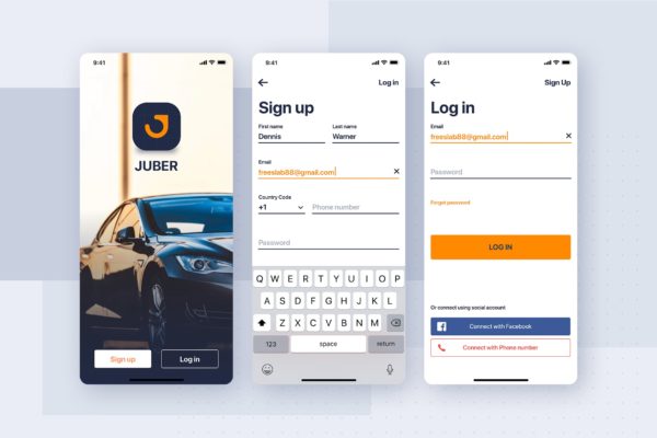 类滴滴打车APP应用注册登录界面设计模板素材 Car rental mobile UI Kit – Authentication Form