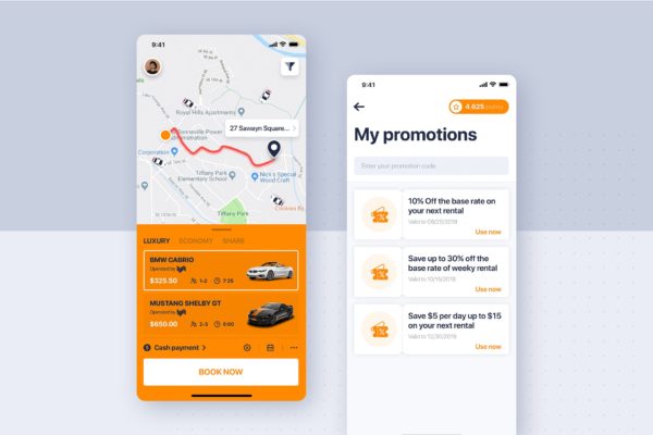 类滴滴打车APP应用我的优惠界面设计模板素材 Car rental mobile UI Kit – My Promotions