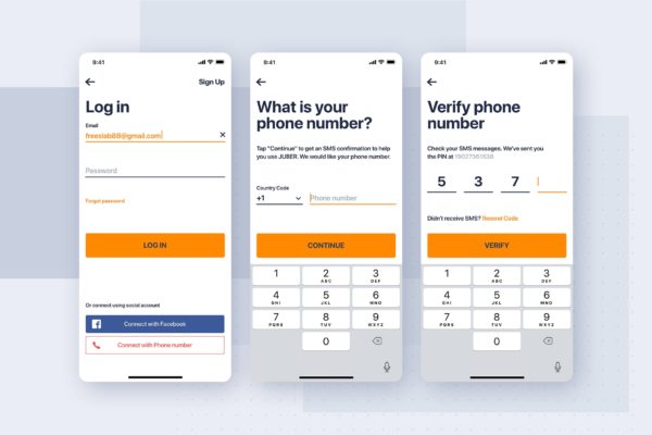 类滴滴打车APP应用手机短信验证界面设计模板素材 Car rental mobile UI Kit – Verify phone number