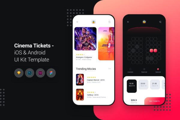电影订票网上选座APP应用UI设计套件 Cinema Movie Tickets iOS & Android UI Kit Template