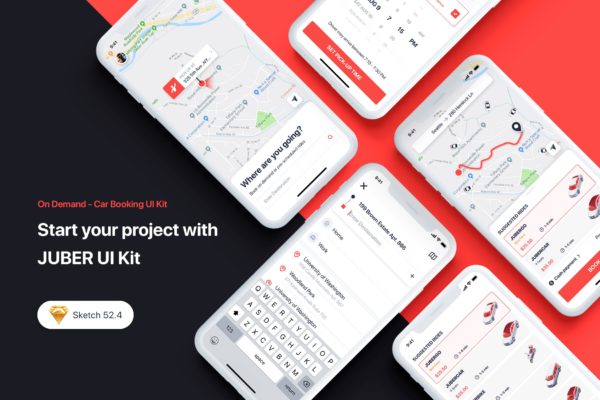 网约车/顺风车/叫车软件APP应用Ui Kits素材套件 JUBER – Car booking UI Kit for Sketch