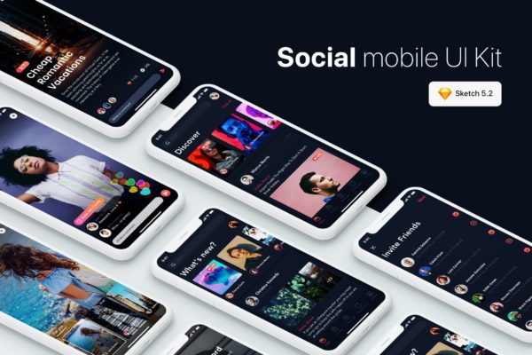 社交媒体交友类APP应用UI设计套件SKETCH设计素材模板 Social Mobile UI Kit for SKETCH