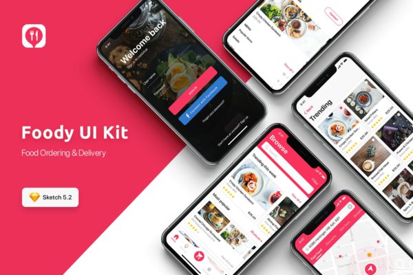 餐厅订位外卖APP应用UI设计套件SKETCH设计素材模板 Food ordering & Delivery UI Kit for SKETCH