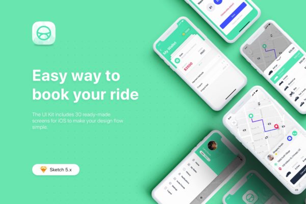 类Uber&滴滴出行叫车APP应用UI设计套件SKETCH设计素材模板 ABER – Taxi Booking App UI Kit for Sketch