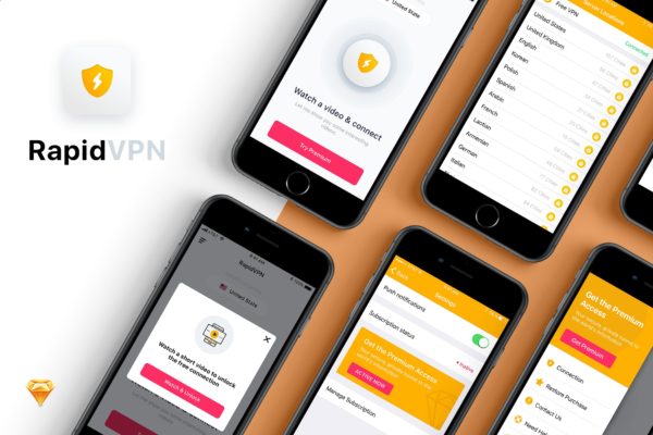VPN手机应用APP设计Ui Kits素材套件 Rapid VPN mobile app UI Kit
