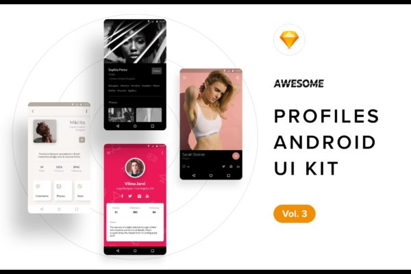 社交APP应用用户中心界面设计模板素材v3[SKETCH] Android UI Kit – Profiles Vol. 3 (Sketch)