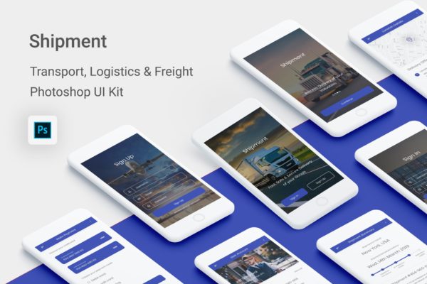 物流运输APP用户界面设计Ui Kits素材套件PSD模板 Shipment – Logistic & Transport UI Kit (Photoshop)
