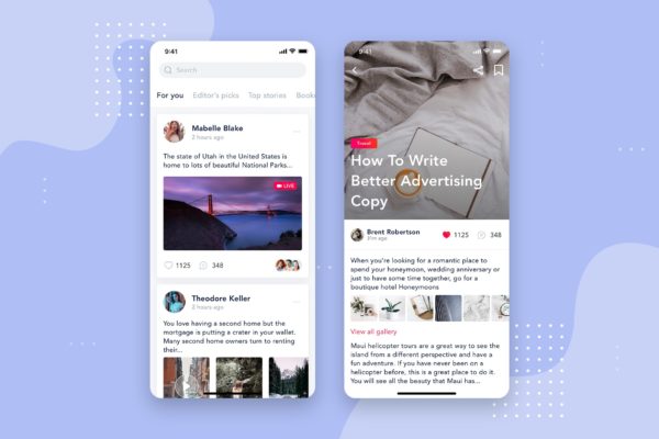 社交APP应用文章列表&详情界面设计模板素材v3 Social – Articles Mobile Interface Concept