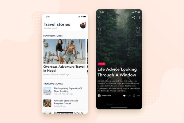 社交APP应用文章列表&详情界面设计模板素材v1 Social – Articles Mobile Interface Concept