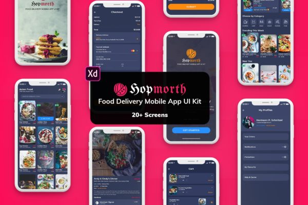 在线订餐美食主题APP应用UI设计XD模板[夜间模式版本] Hopmorth-Restaurant Mobile App UI Kit Dark (XD)