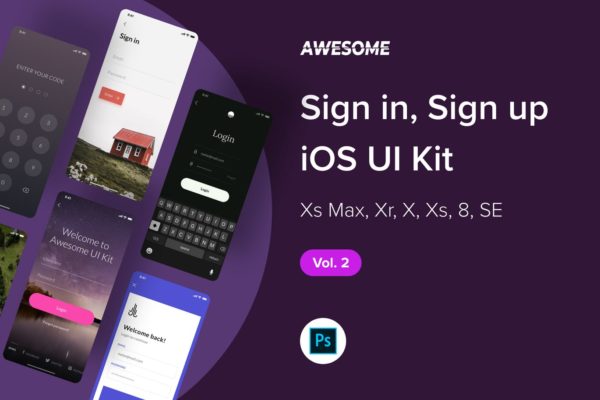 iOS应用APP注册登录交互界面设计Ui Kits素材套件PSD模板v2 Awesome iOS UI Kit – Sign in, Sign up Vol. 2 (PSD)