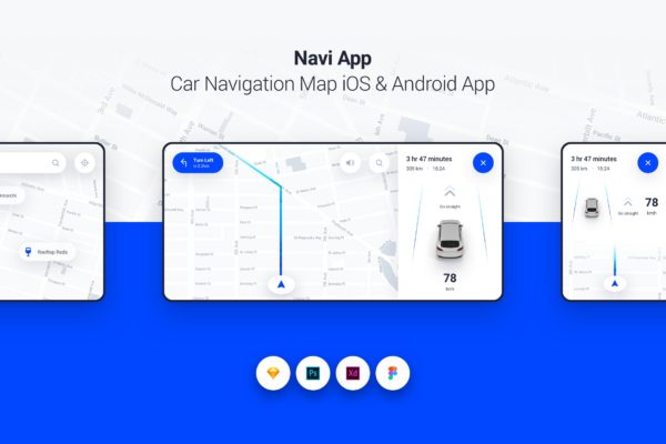 车载导航系统APP应用界面设计Ui Kits素材套件[PSD, SKETCH, XD] Navi App – Car Navigation Map iOS & Android App